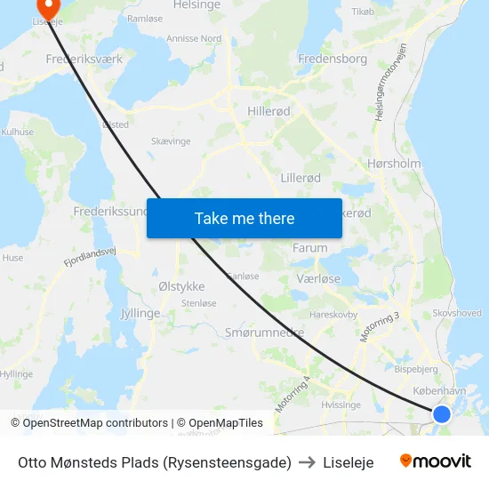 Otto Mønsteds Plads (Rysensteensgade) to Liseleje map