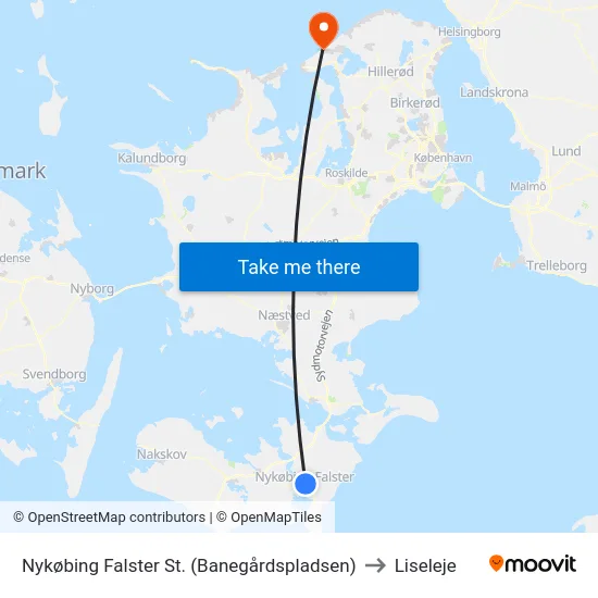 Nykøbing Falster St. (Banegårdspladsen) to Liseleje map