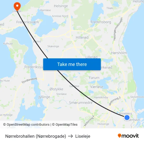 Nørrebrohallen (Nørrebrogade) to Liseleje map