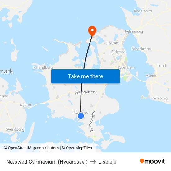 Næstved Gymnasium (Nygårdsvej) to Liseleje map