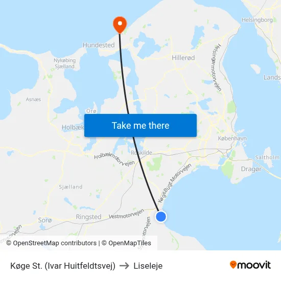 Køge St. (Ivar Huitfeldtsvej) to Liseleje map