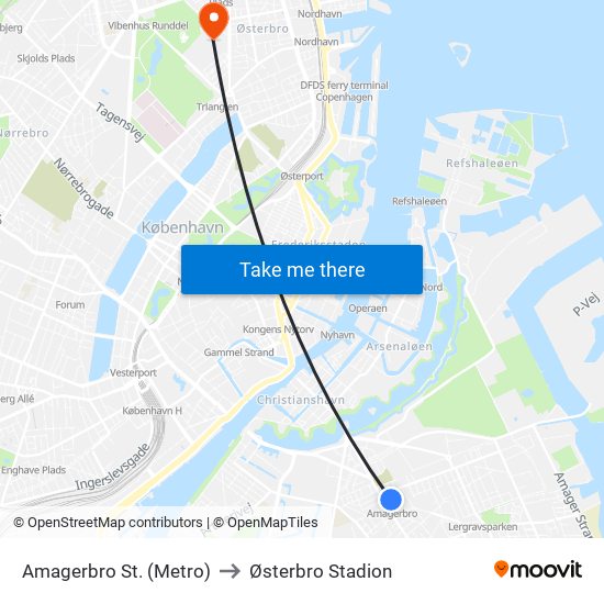 Amagerbro St. (Metro) to Østerbro Stadion map