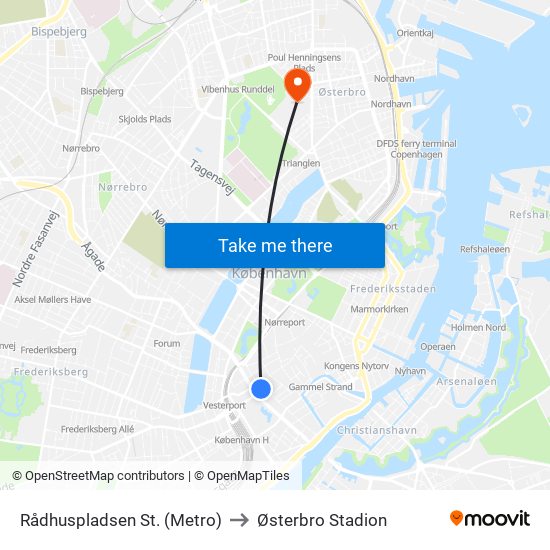 Rådhuspladsen St. (Metro) to Østerbro Stadion map