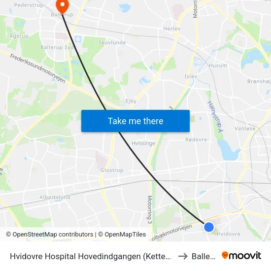 Hvidovre Hospital Hovedindgangen (Kettegård Allé) to Ballerup map
