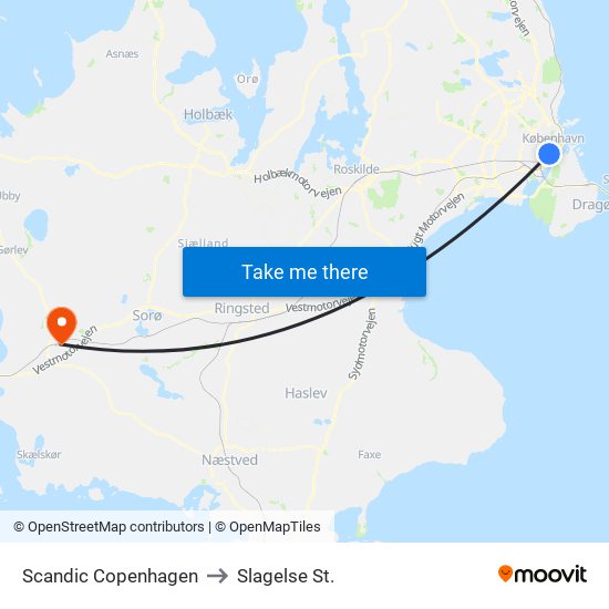 Scandic Copenhagen to Slagelse St. map