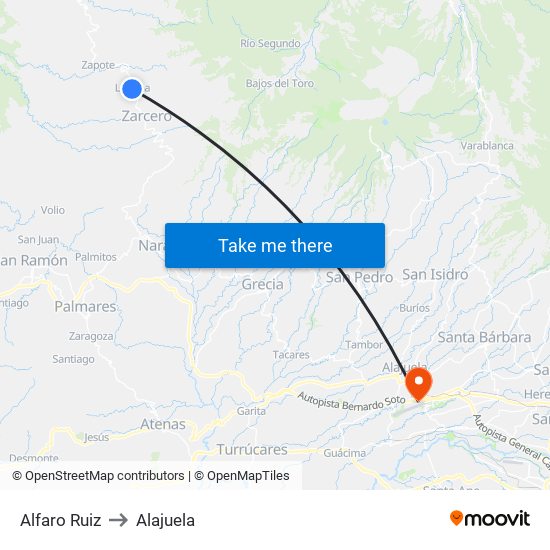 Alfaro Ruiz to Alajuela map