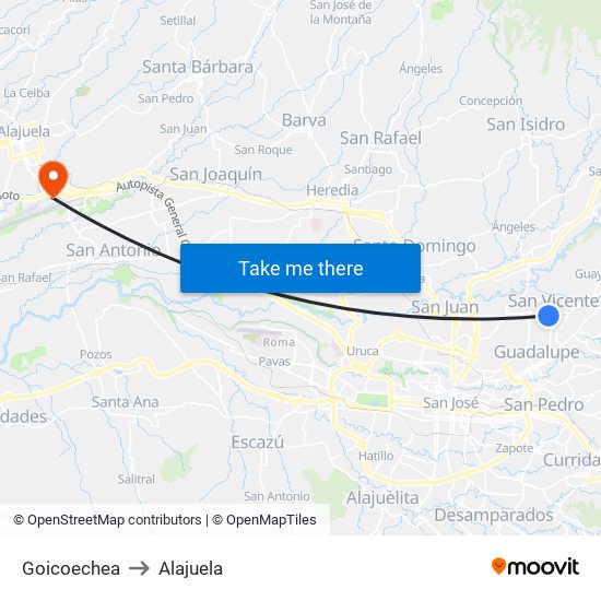 Goicoechea to Alajuela map