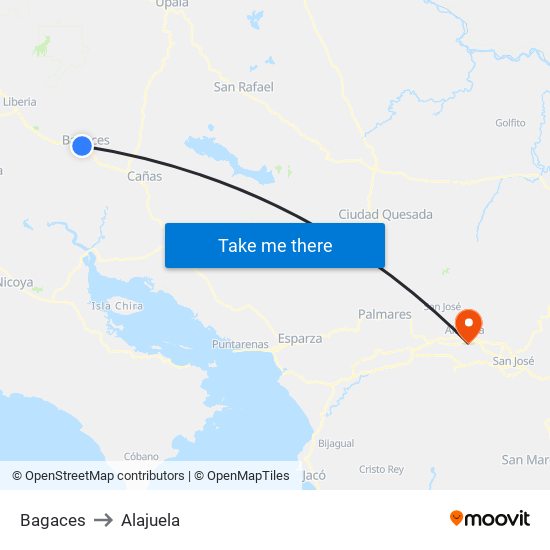 Bagaces to Alajuela map
