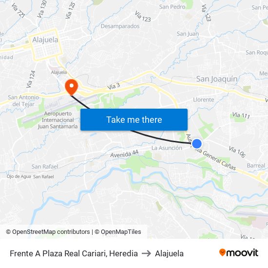 Frente A Plaza Real Cariari, Heredia to Alajuela map