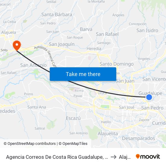 Agencia Correos De Costa Rica Guadalupe, Goicoechea to Alajuela map