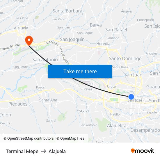 Terminal Mepe to Alajuela map