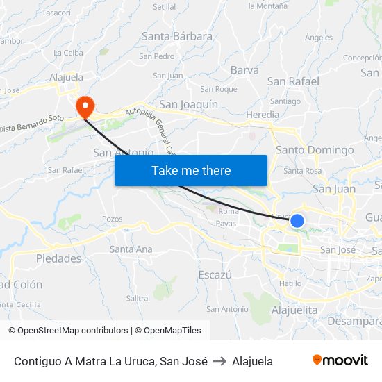 Contiguo A Matra La Uruca, San José to Alajuela map