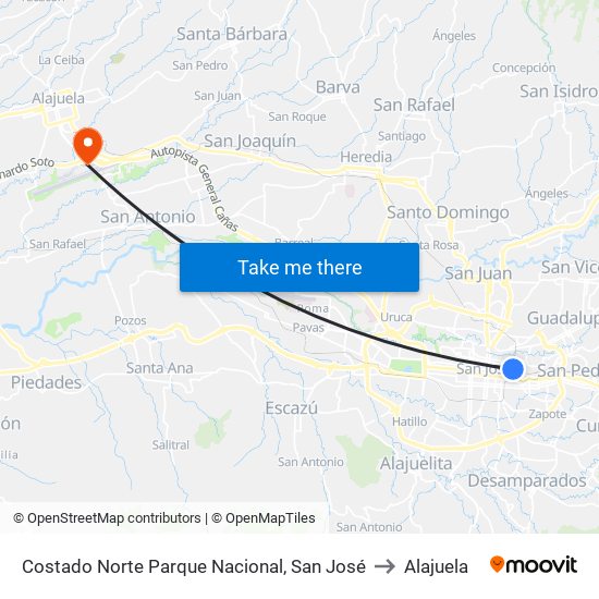Costado Norte Parque Nacional, San José to Alajuela map