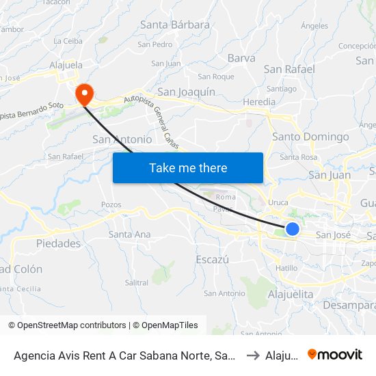 Agencia Avis Rent A Car Sabana Norte, San José to Alajuela map