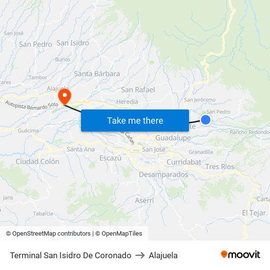 Terminal San Isidro De Coronado to Alajuela map