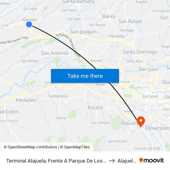 Terminal Alajuela, Frente A Parque De Los Niños to Alajuelita map