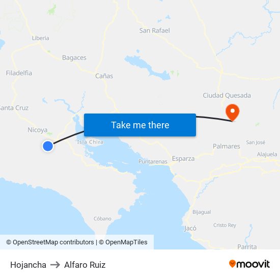 Hojancha to Alfaro Ruiz map