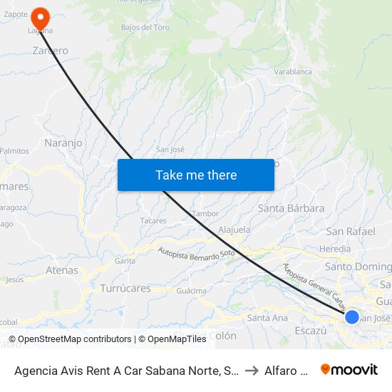 Agencia Avis Rent A Car Sabana Norte, San José to Alfaro Ruiz map