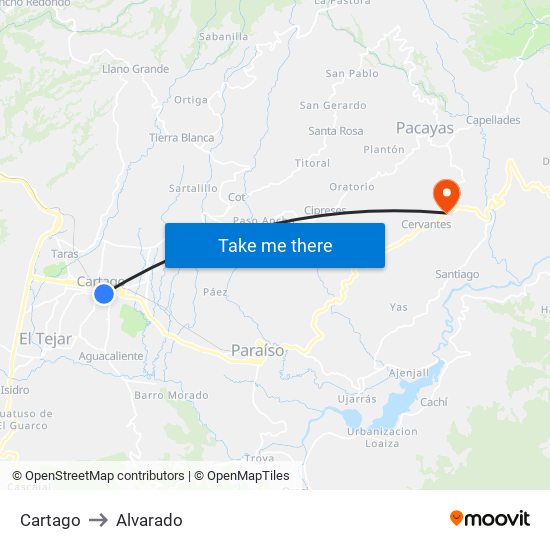 Cartago to Alvarado map