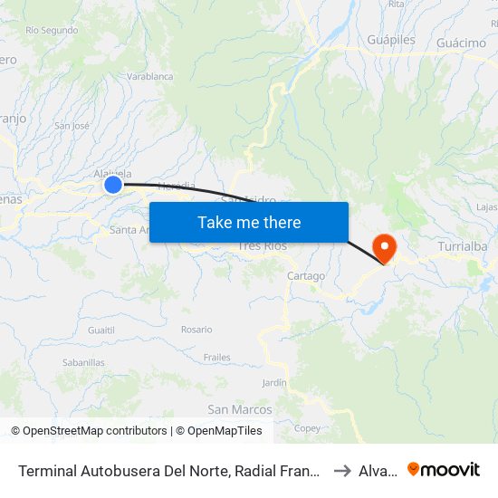 Terminal Autobusera Del Norte, Radial Francisco J. Orlich Alajuela to Alvarado map