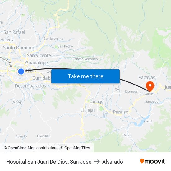 Hospital San Juan De Dios, San José to Alvarado map