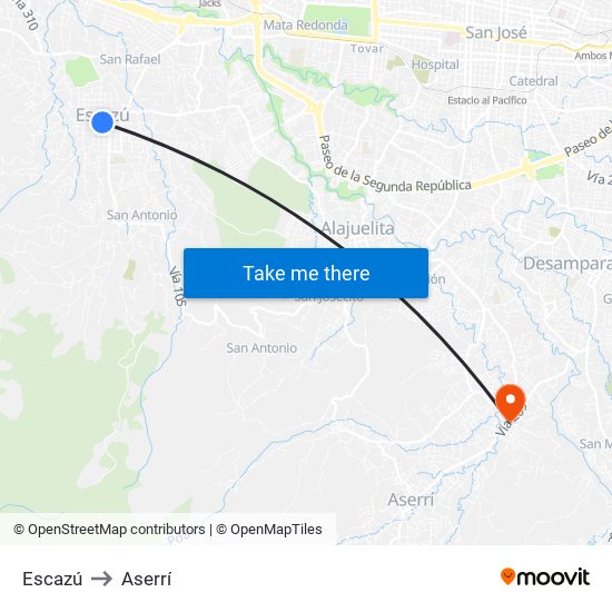 Escazú to Aserrí map