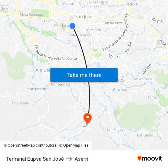 Terminal Eupsa San José to Aserrí map