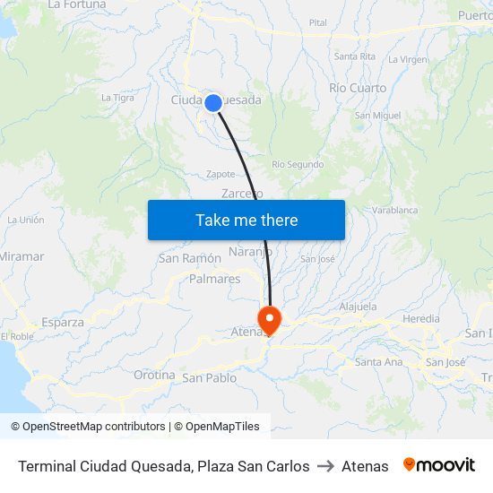 Terminal Ciudad Quesada, Plaza San Carlos to Atenas map