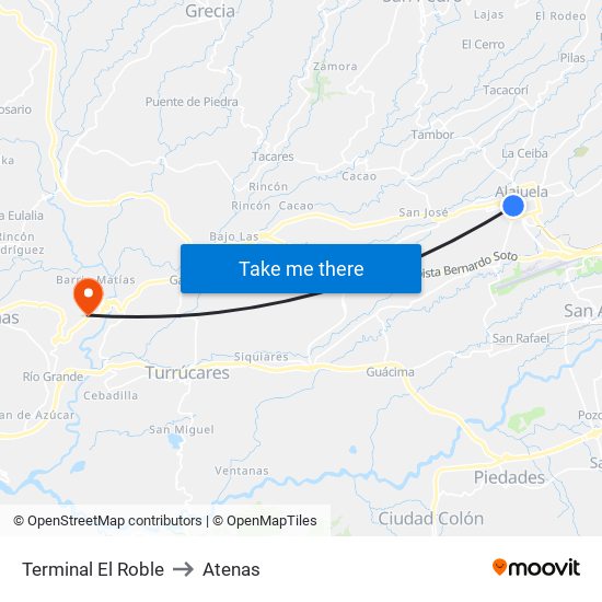 Terminal El Roble to Atenas map