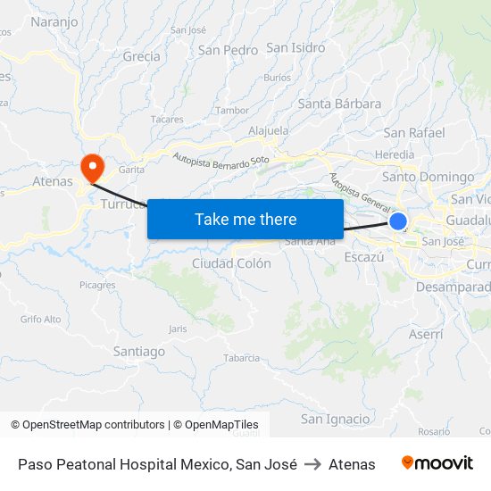 Paso Peatonal Hospital Mexico, San José to Atenas map