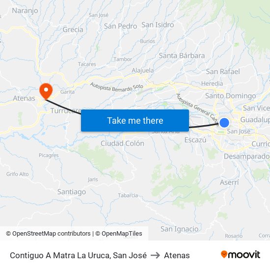 Contiguo A Matra La Uruca, San José to Atenas map