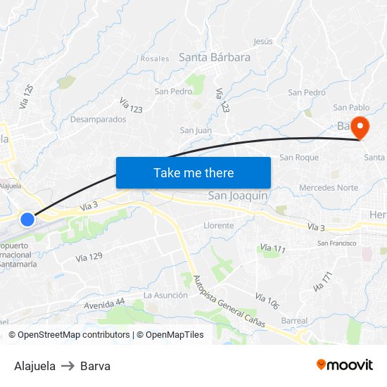 Alajuela to Barva map