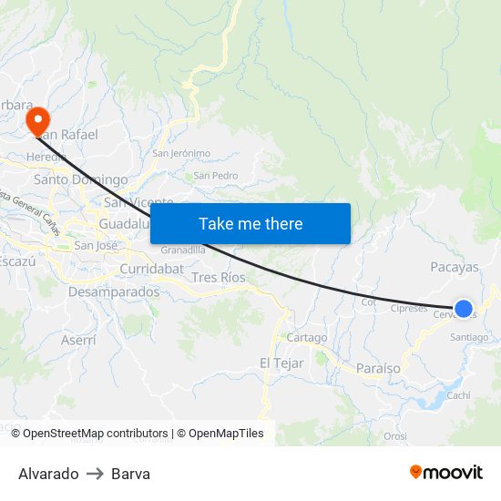 Alvarado to Barva map