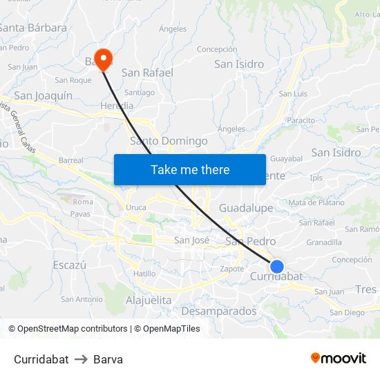 Curridabat to Barva map