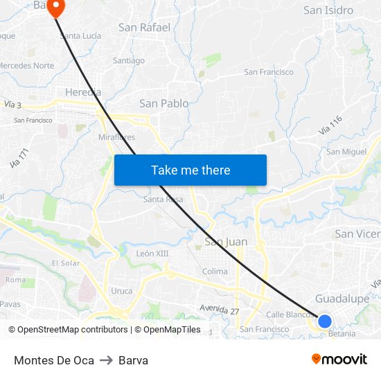 Montes De Oca to Barva map