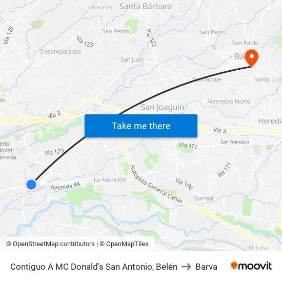 Contiguo A MC Donald's San Antonio, Belén to Barva map
