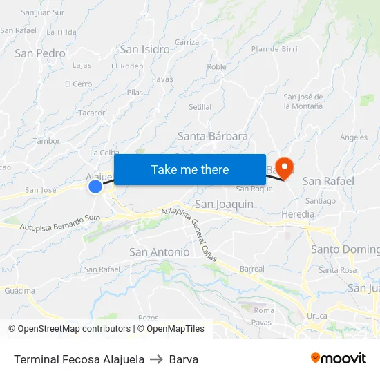 Terminal Fecosa Alajuela to Barva map