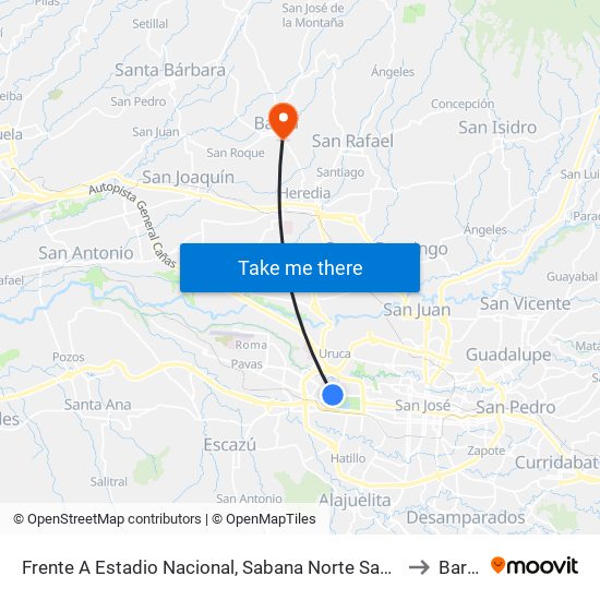 Frente A Estadio Nacional, Sabana Norte San José to Barva map