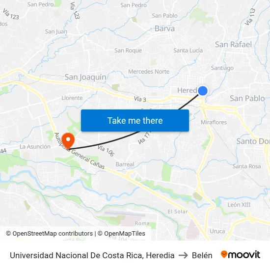Universidad Nacional De Costa Rica, Heredia to Belén map
