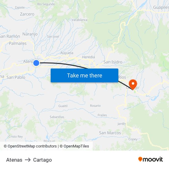 Atenas to Cartago map