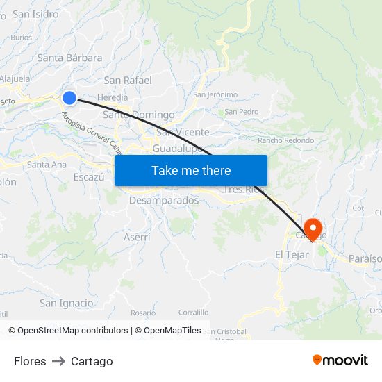 Flores to Cartago map