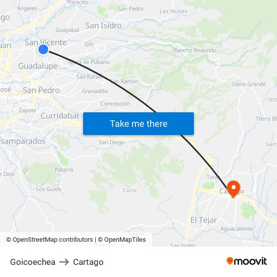 Goicoechea to Cartago map