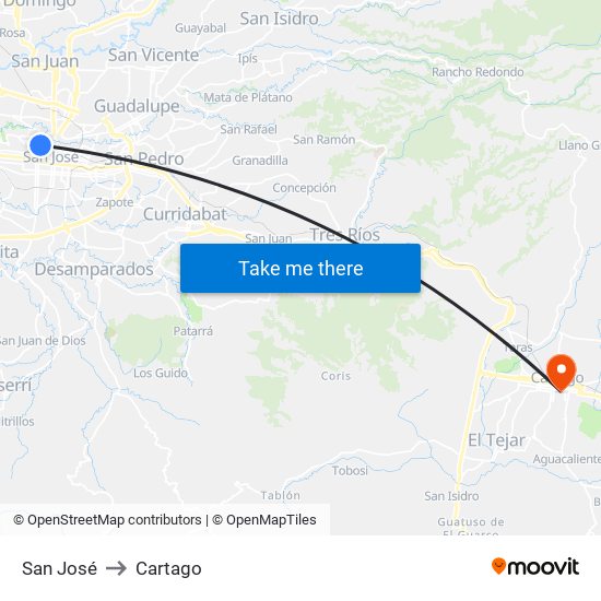 San José to Cartago map