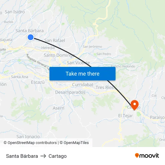 Santa Bárbara to Cartago map