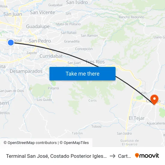 Terminal San José, Costado Posterior Iglesia La Merced to Cartago map