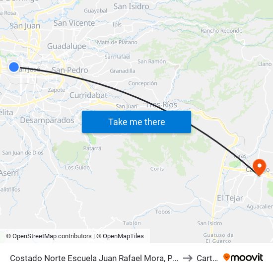 Costado Norte Escuela Juan Rafael Mora, Pitahaya San José to Cartago map