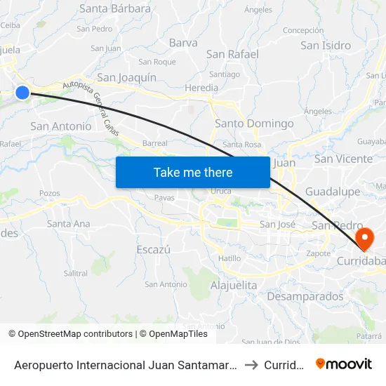 Aeropuerto Internacional Juan Santamaría, Alajuela to Curridabat map