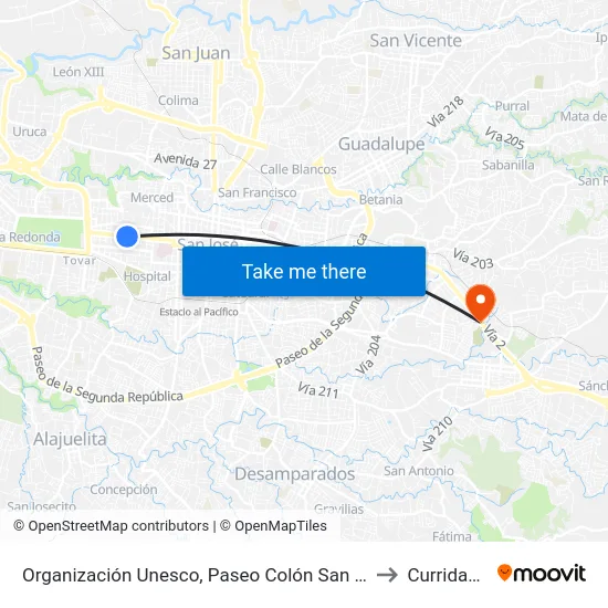 Organización Unesco, Paseo Colón San José to Curridabat map