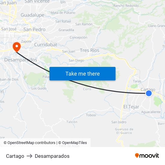 Cartago to Desamparados map