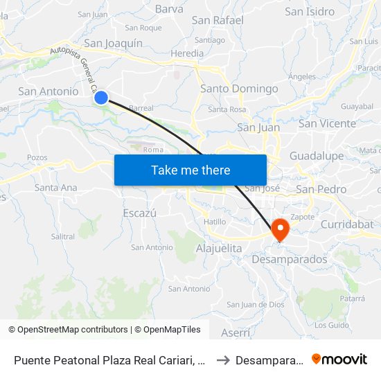 Puente Peatonal Plaza Real Cariari, Heredia to Desamparados map